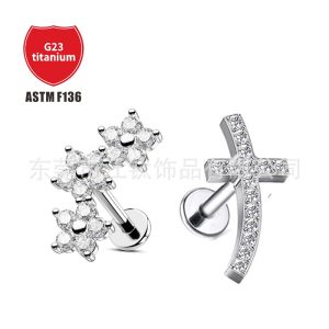 G23 Titanium Alloy Cross Flower Cartilage Earring - ASTM F136 - Internally Threaded Stud