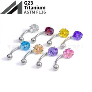 F136 Titanium Internal Thread Fat Square Zirconium Ball Curved Rod Navel Ring Belly Button Ring G23 Titanium Alloy Body Piercing Jewelry