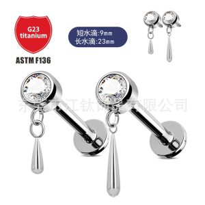 F136 Titanium Ear Stud Solon Water Drop Pendant Cylindrical Zircon G23 Titanium Alloy Body Piercing Jewelry Ear Bone Nail