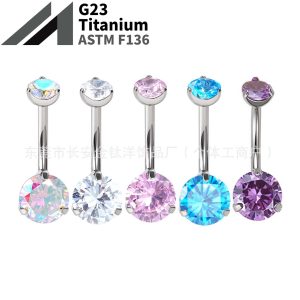 F136 Titanium Internal Thread Three-Claw Double-Headed 5A Zircon Navel Ring G23 Titanium Alloy Body Piercing Jewelry