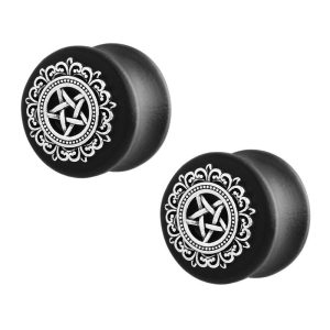 Black Solid Wood Star Ear Tunnels Stainless Steel Plated Flower Earrings for Men Ear Gauges