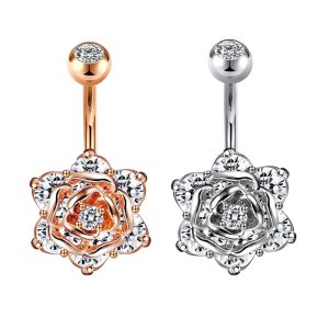 Exquisite Rose Gold Zircon Flower Navel Ring Stainless Steel Belly Button Piercing Jewelry
