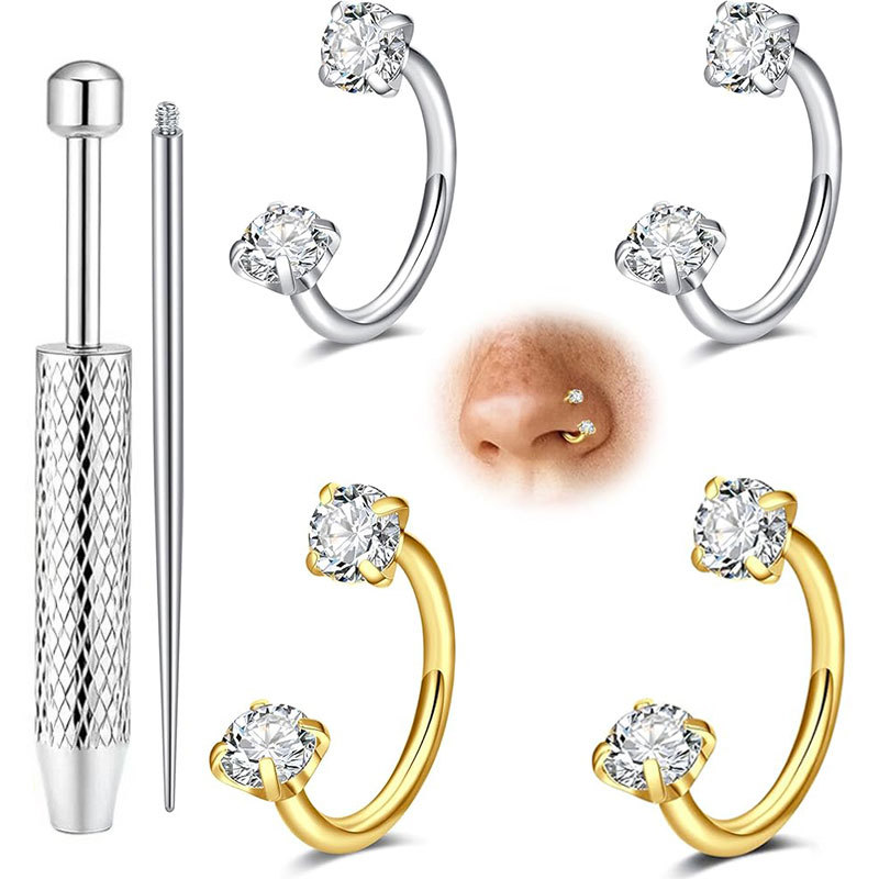 20G Double Zircon C-Bar Nose Ring Stainless Steel Versatile Ear Cartilage Hoop Body Piercing Jewelry 4-Piece Set - Image 5