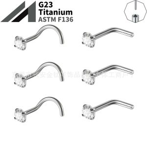 F136 Titanium 5-Shaped L-Shaped Nose Nail Set with 5A Zircon Nose Ring Lip Nail G23 Titanium Alloy Body Piercing Jewelry