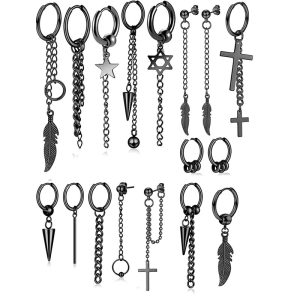 17-Piece Stainless Steel Fashion Earring Set - Black Geometric Hip Hop Earrings for Men