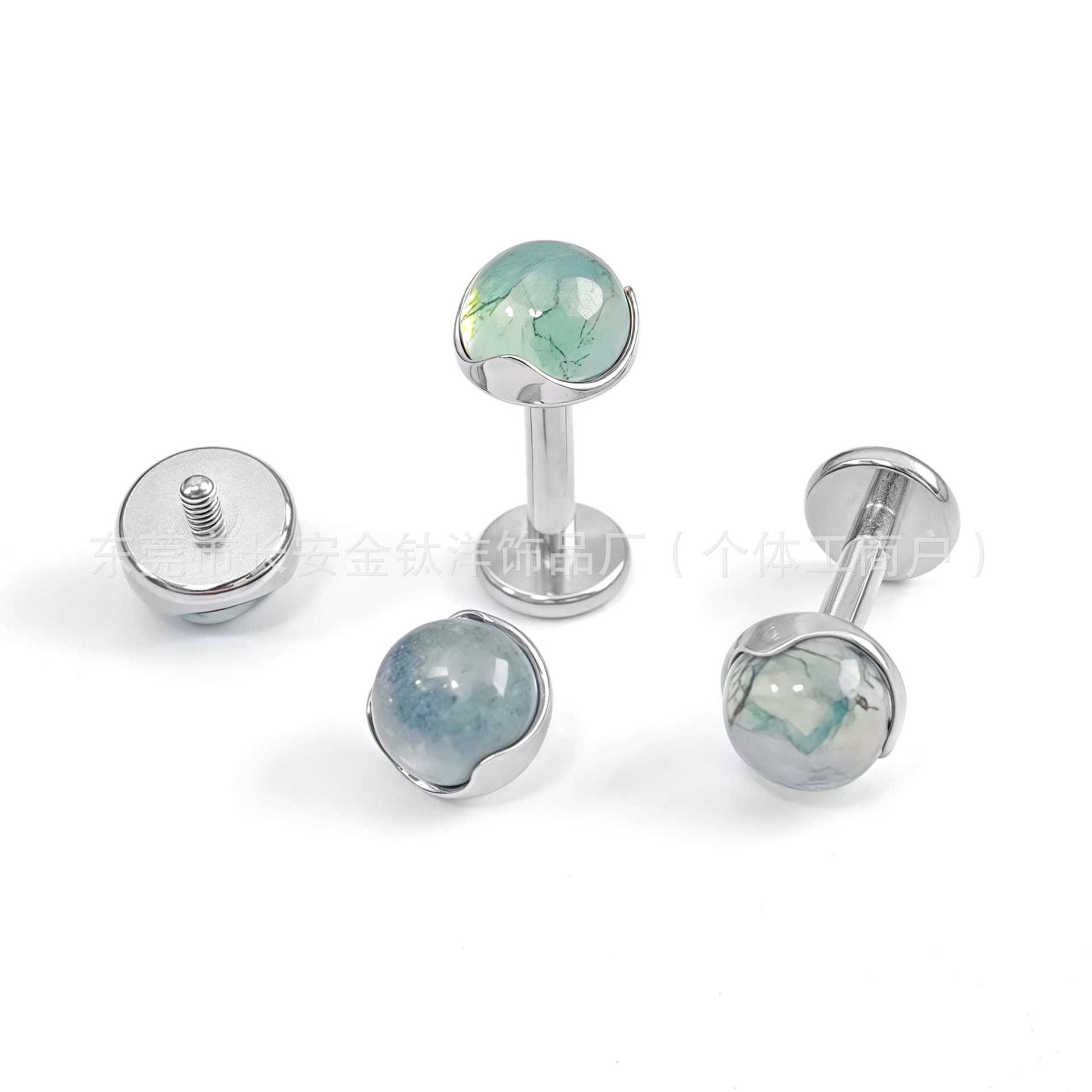 F136 Titanium Wave Edge Inlaid with Aquatic Agate Stone Lip Stud Nose Stud Ear Stud G23 Titanium Alloy Piercing Jewelry Ear Bone Stud - Image 3
