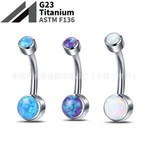 F136 Titanium Opal Inlaid Cylindrical Navel Ring - Internal Thread Belly Ring