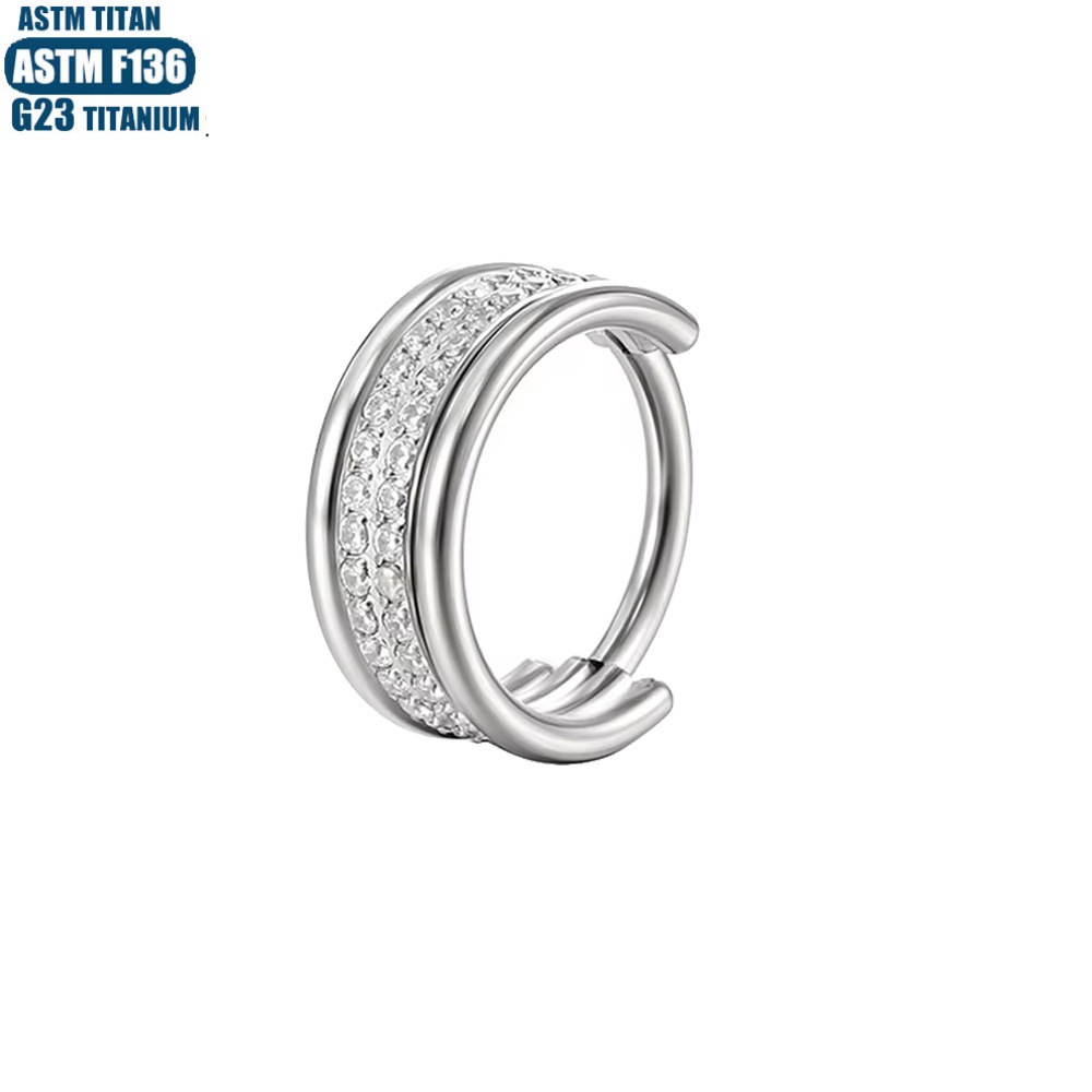 G23 Titanium Double Row Diamond Nose Ring Earring Seamless Hinge Septum Cartilage Jewelry - Image 2