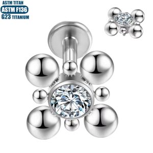 Titanium Lip Stud with Zircon Bead Cluster - 1.2x10mm Labret Stud for Lip Piercing Earring Women's Ring