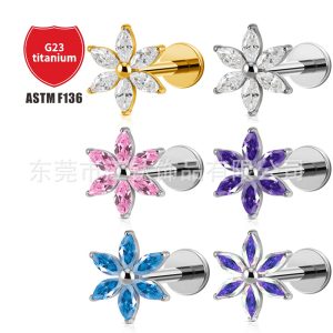 Gold & White Zircon Petal Ear Bone Nail G23 Titanium Alloy Body Piercing Jewelry