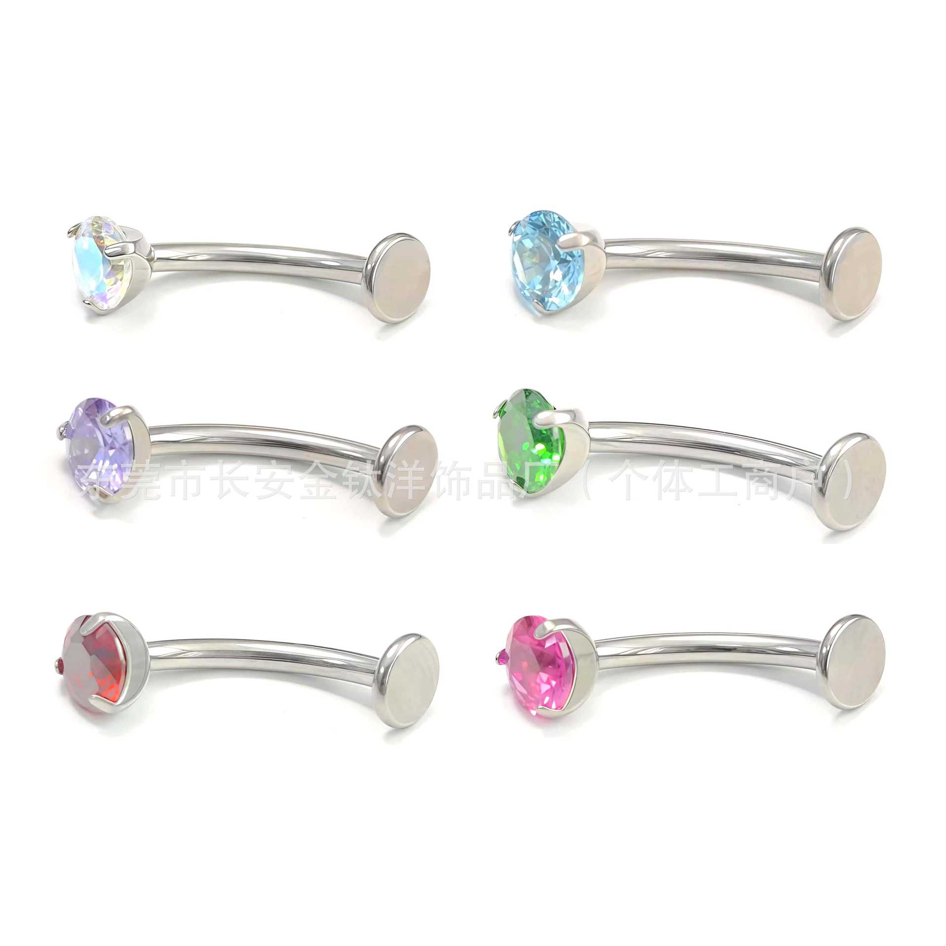 F136 Titanium Internal Thread Three-Claw Zircon Basic Curved Rod Suspended Navel Nail - Image 4