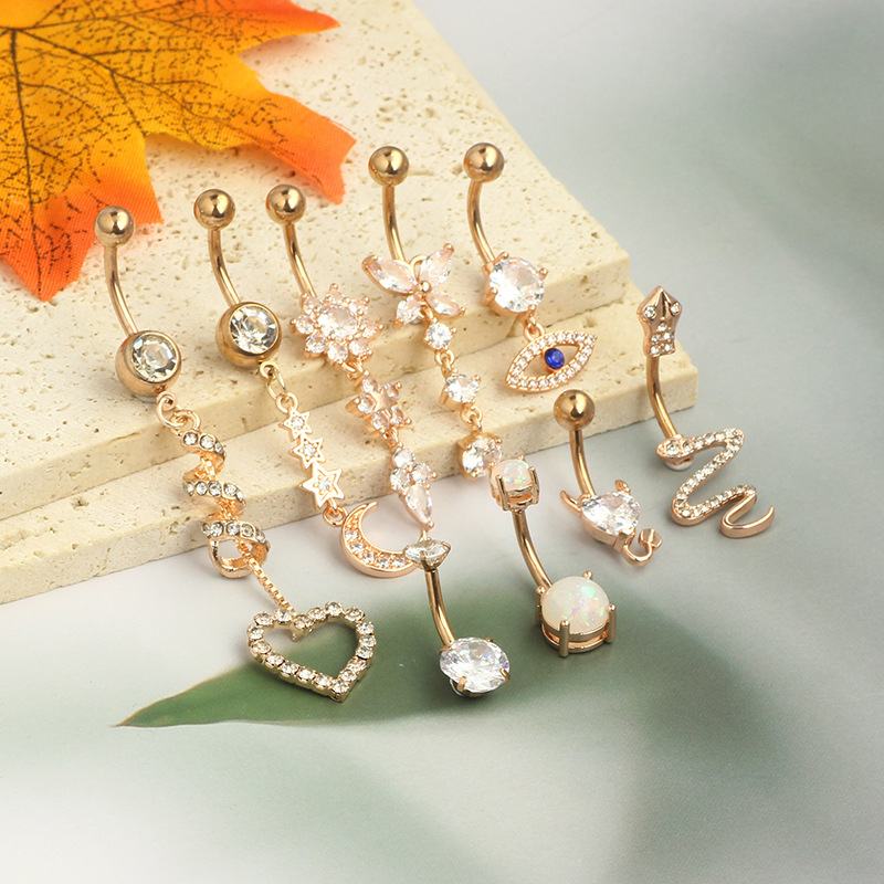 Rose Gold Belly Button Ring Set 9Pcs Stainless Steel Body Piercing Jewelry - Image 5