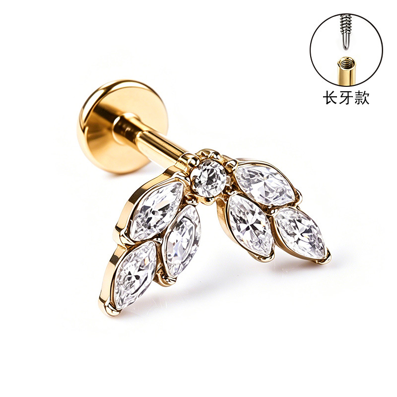F136 Titanium Alloy Ear Studs – Finely Carved Long Tooth Ear Bone Studs with Zirconia, G23 Titanium Body Piercing Jewelry in Gold - Image 4