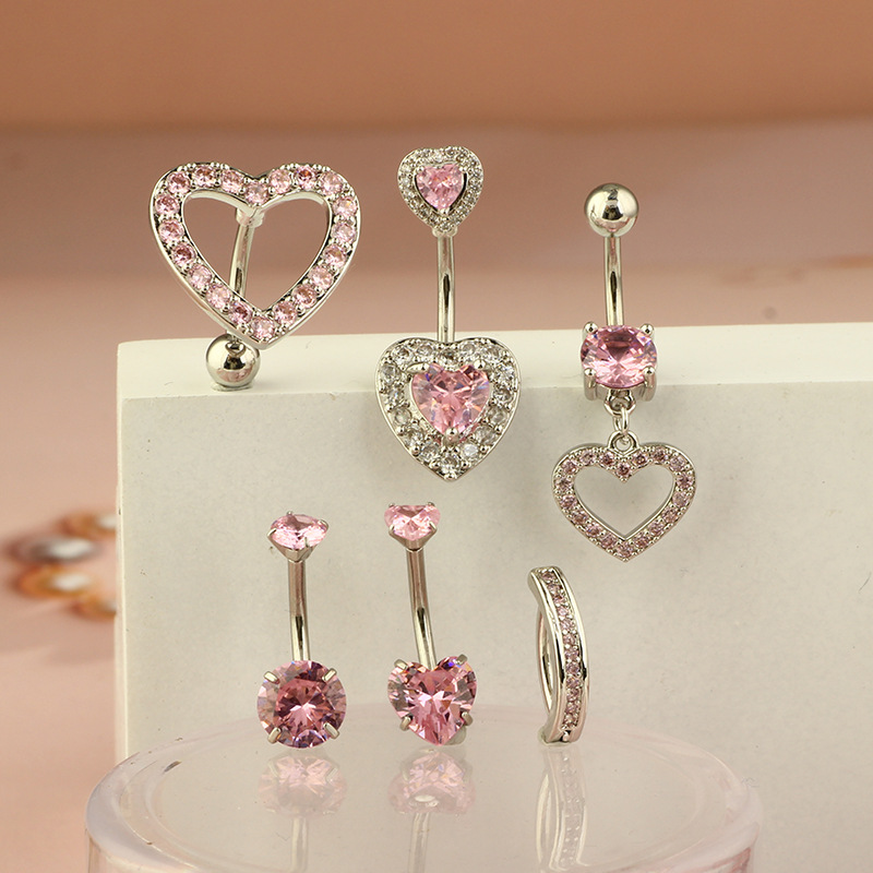 Heart-Shaped Zircon Belly Button Ring 6-Piece Set Stainless Steel Navel Piercing Jewelry - Image 4