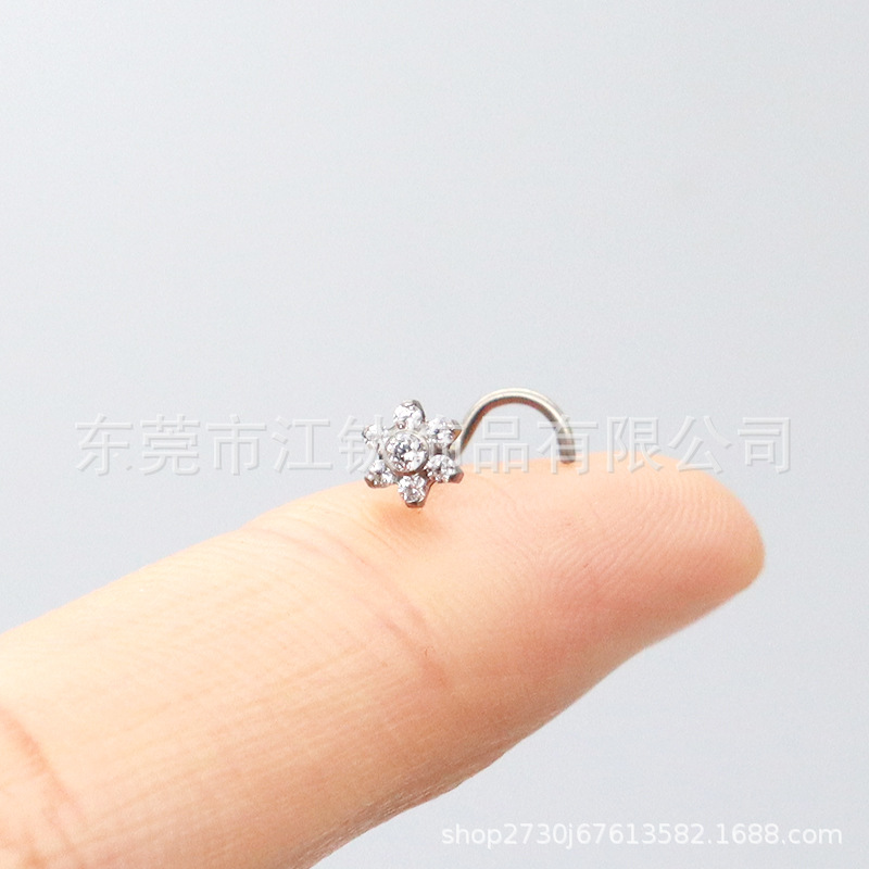 G23 Titanium Nose Stud S-Curved Flower Inlaid 5A Zircon Nose Ring ASTM F136 Piercing Jewelry - Image 3