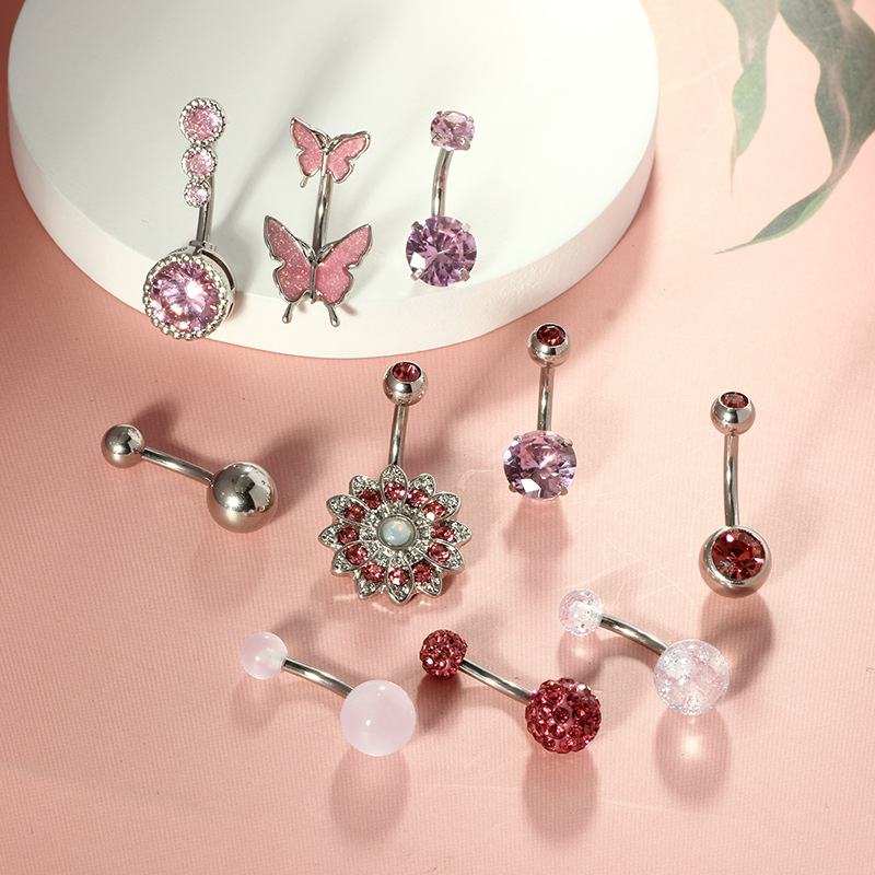 10-Piece Butterfly Diamond Pearl Shambhala Belly Ring Set - Stainless Steel Navel Piercing Jewelry - Image 4