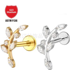 G23 Titanium Alloy Ear Cartilage Stud Leaf Shape with Zircon Gold Earring for Women Men