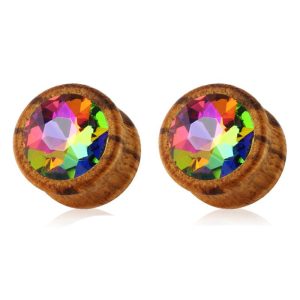 Wood Inlay Crystal Tooth Ear Spreader - Punk Style Waist Drum Ear Gauges Stainless Steel