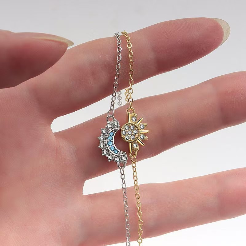 Moon & Sun Zirconium Couple Bracelet, Trendy Fashion Accessories for Anniversary Gift, Gold Color - Image 3
