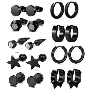 9 Pair Black Silver Zircon Earrings Round Barbell Earrings Men's Personality Cross-border Amazon Set
