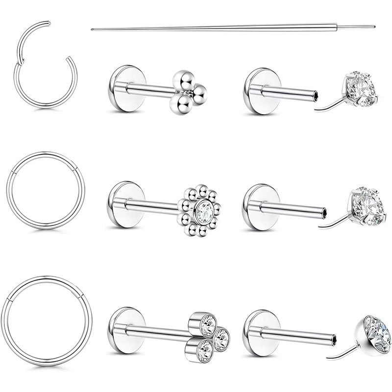 20G Stainless Steel Lip Studs Set Zircon Encrusted Pin Style Dimple Studs Piercing Jewelry 10 Pieces - Image 5
