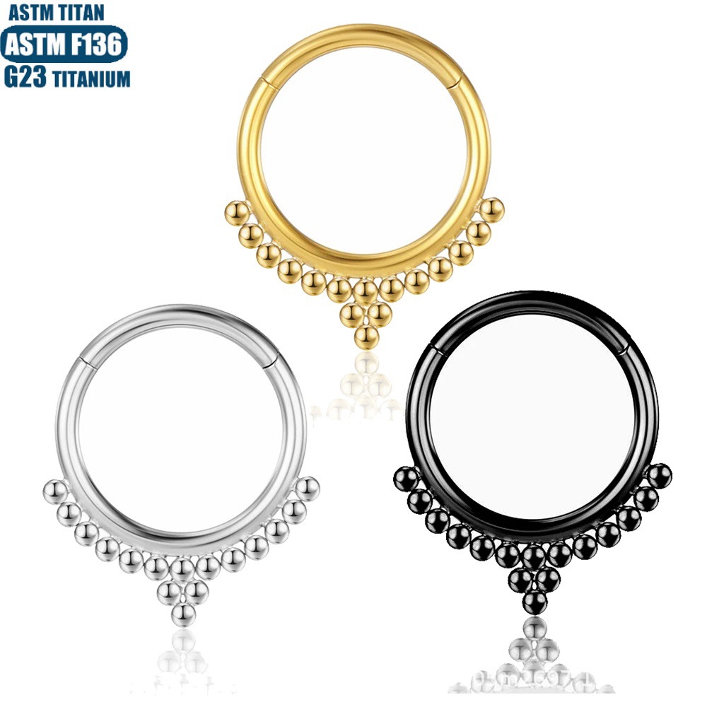 F136 Titanium Alloy Seamless Hinged Nose Ring Bead Cluster CZ Septum Earring - 1.2*12mm Black - Image 3