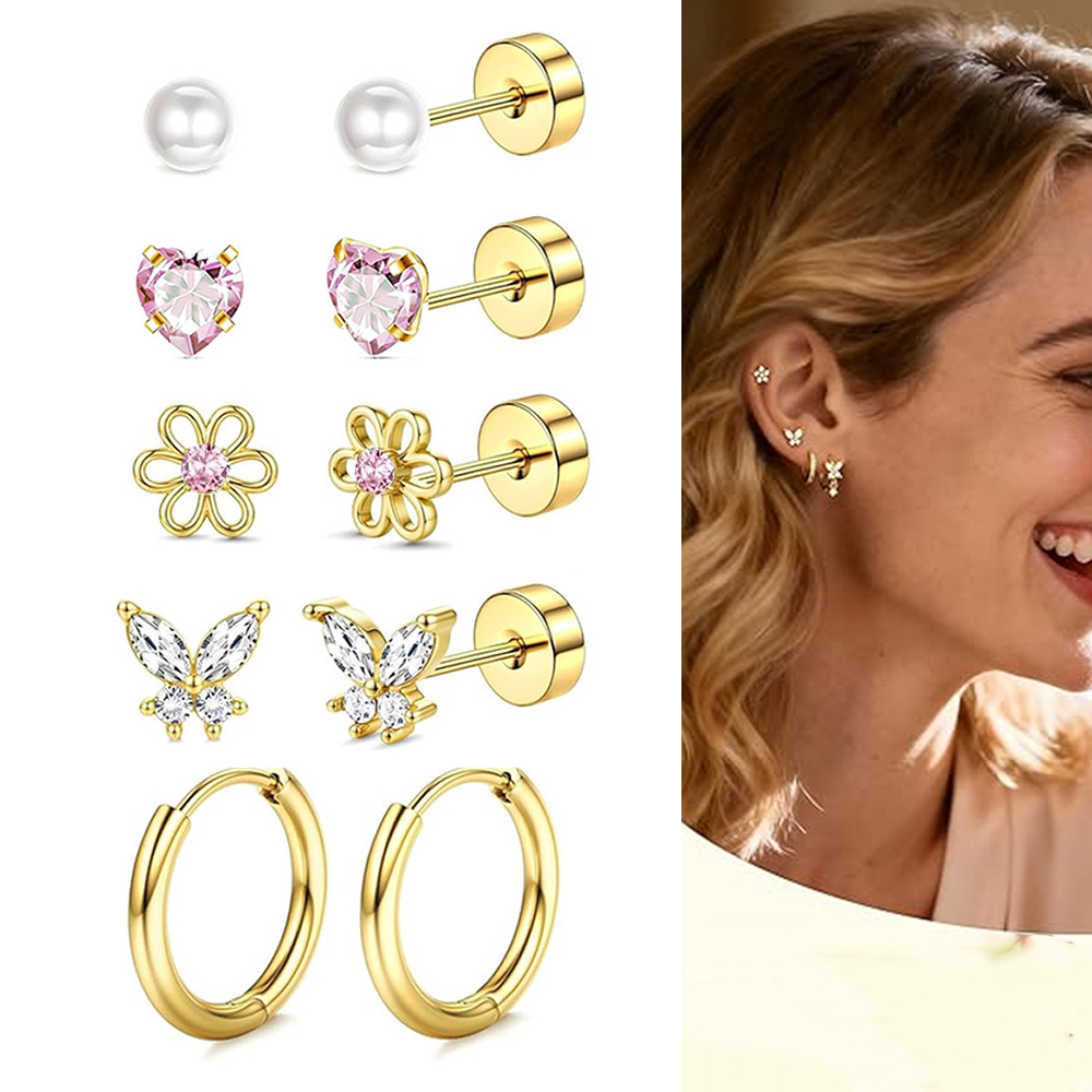 10-Piece Sweet Style Ear Stud Set - Flat Back Heart Butterfly Flower Ear Clips Stainless Steel - Image 5
