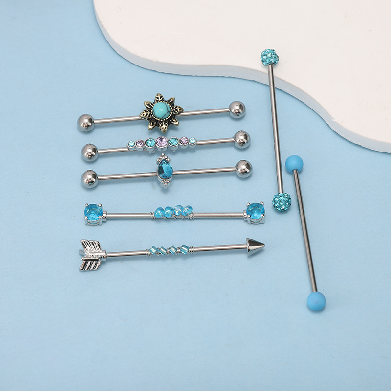Industrial Ear Studs 7-Piece Set 14G Crown Full Diamond Round Piercing Jewelry Stainless Steel - Image 4
