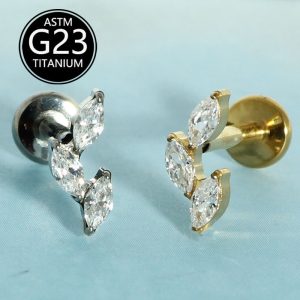 G23 Titanium Internally Threaded Flat Lip Stud with Marquise Zircon | Lip Ear Cartilage Piercing Jewelry