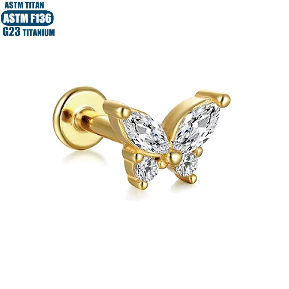 F136 Titanium Perforated Butterfly Lip Ring with Diamond Inner Teeth Thread Body Piercing Jewelry Earrings Pierced Small Earrings - Image 3