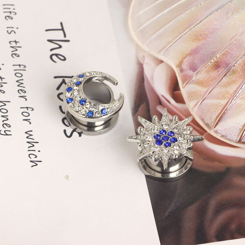 Cross-Border Stars and Moon Hollow Auricle Stainless Steel Fashion Ear Expansion Piercing Earrings Pair New Arrival - Image 2