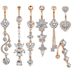 Mixed Zircon Navel Ring Set - 7-Piece Belly Button Piercing Jewelry with Heart Shape