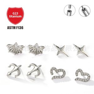 JT714 G23 Titanium Alloy Heart Trident Ear Cartilage Stud - Gold Threaded Love Piercing Jewelry