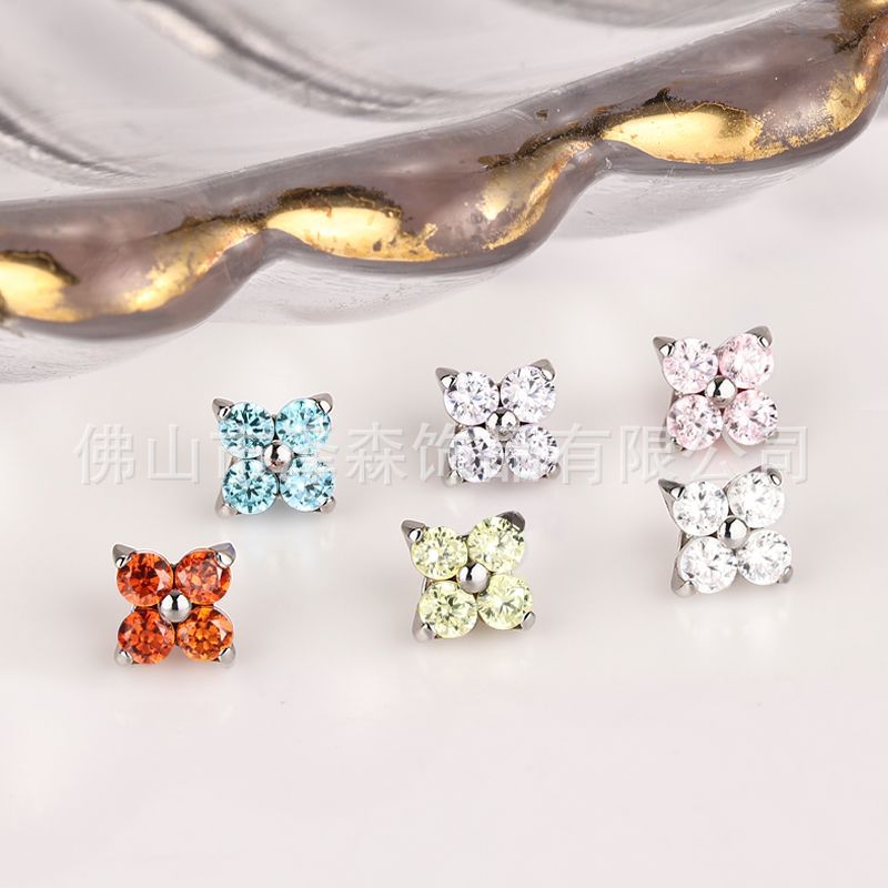 Zesen F136 Titanium Alloy Ear Nail Four-leaf Clover Petals with 5A Zircon Lip Nail G23 Titanium Ear Bone Nail Human Puncture - Image 3