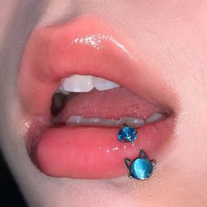 Cat Eye Stone Lip Ring 12mm Internally Threaded Titanium Steel Lip Hoop CZ Zircon Pink