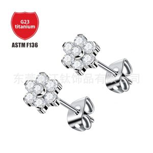 F136 Titanium Stud Earrings Flower Inlaid 5A Zircon Butterfly Buckle Body Piercing Jewelry