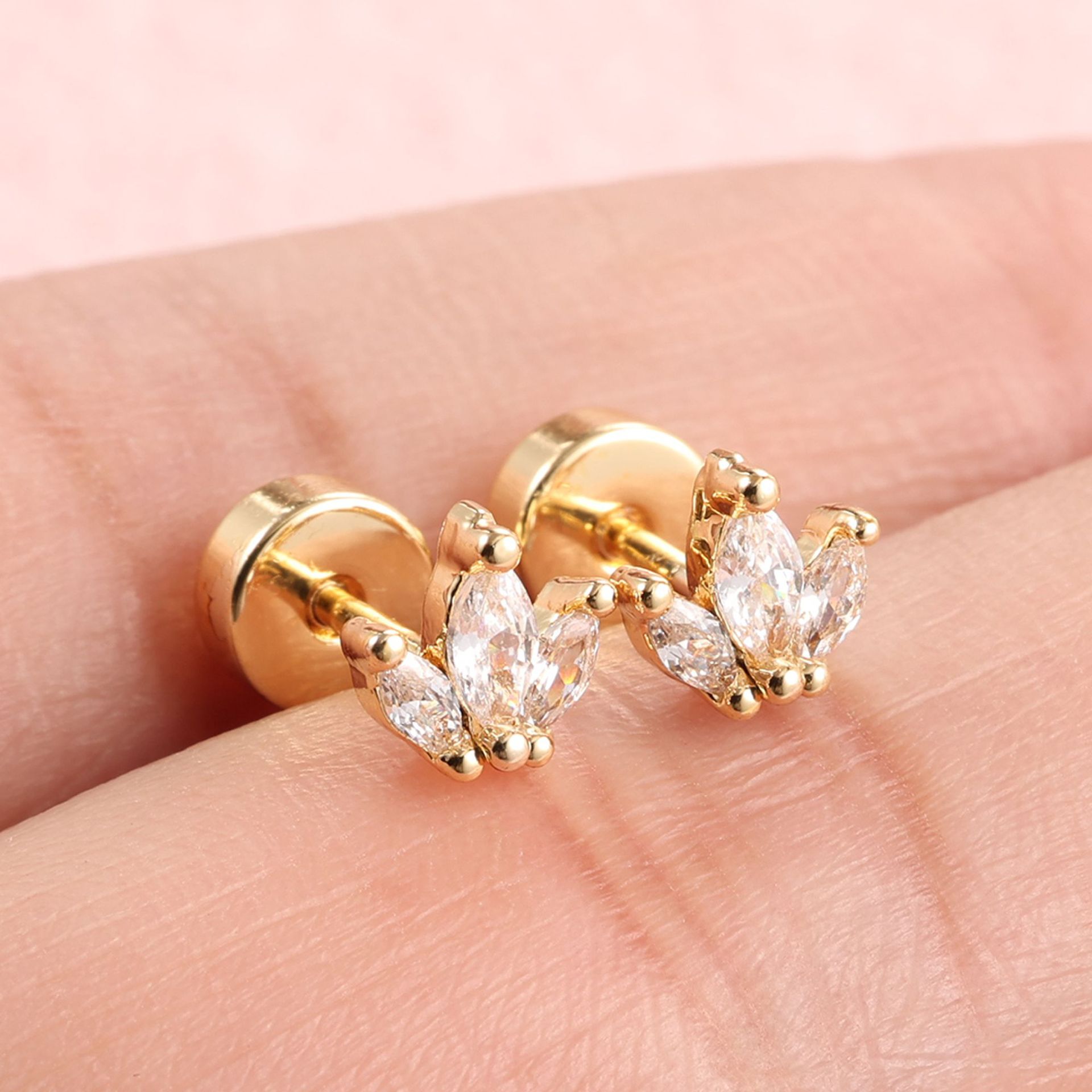 1 Pair Stainless Steel + Copper Plated Real Gold Zirconia Ear Bone Studs, 20G Fine Rod Piercing Jewelry, Hot-Selling Cross-Border Product, In Stock - Image 4