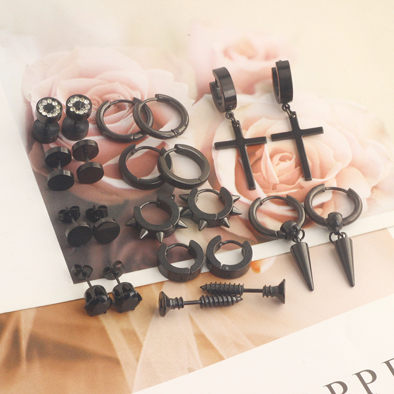 Men's Stainless Steel Earrings Cross Black Round Barbell 11 Pairs Fashion Ear Piercing Set - Image 3