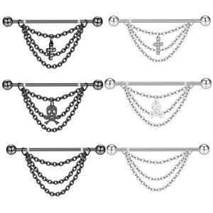 14G Star Zircon Industrial Barbell Earring - Stainless Steel Black Skull Long Earring for Cartilage Piercing