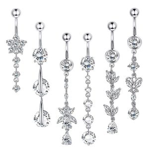 European American Hot Selling Diamond Inlaid Multi-Layer Stainless Steel Navel Ring Set Belly Button Piercing Jewelry 6-Piece