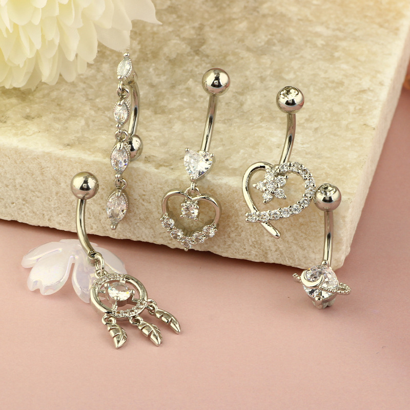 Zircon Peach Heart Belly Button Ring - Love Shaped Navel Jewelry - 316L Surgical Steel - 5 Sets - Hip Hop Style - Image 3