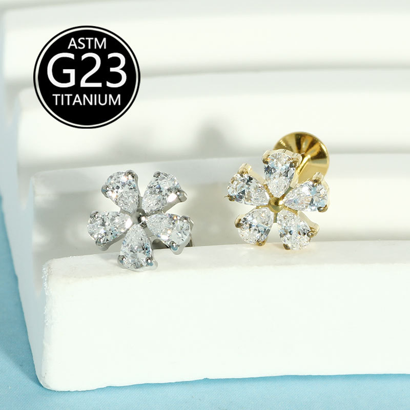 Full Diamond Small Flower G23 Titanium Alloy Zircon Lip Piercing Labret Stud Elegant Simple Ear Piercing Earrings Wholesale - Image 5