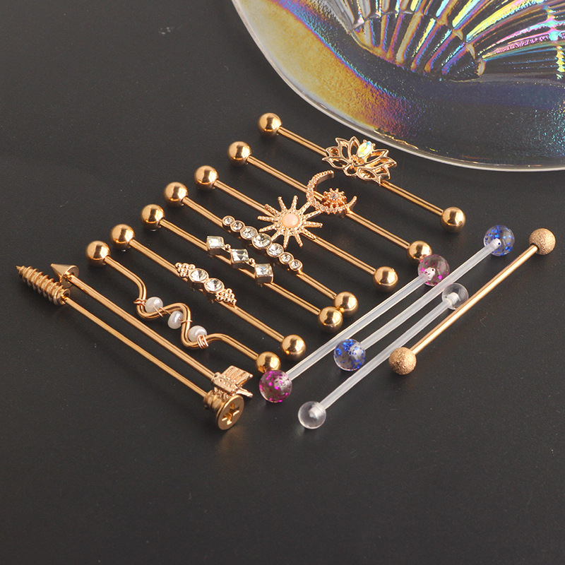 18K Gold Industrial Barbell Ear Studs 14G Double Ear Piercing Ear Bridge Flower Earrings 13Pcs - Image 2