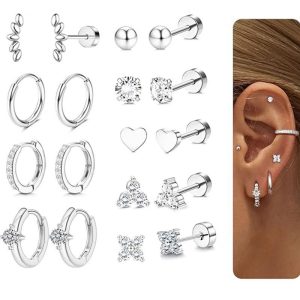 18-Piece Stainless Steel Earring Set Butterfly Geometric Earrings For Women Men Fashion Commuter Style Silver With White Zircon