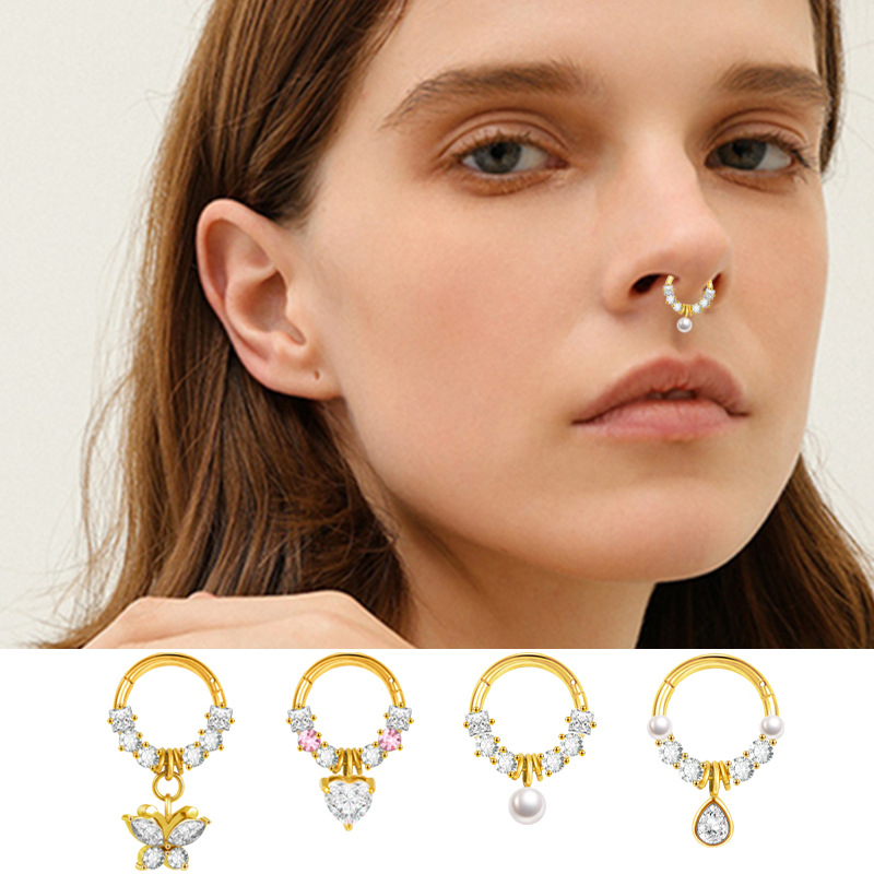Fashion Pearl Style Copper Nose Ring with Zircon Stainless Steel Post for Women - Image 3