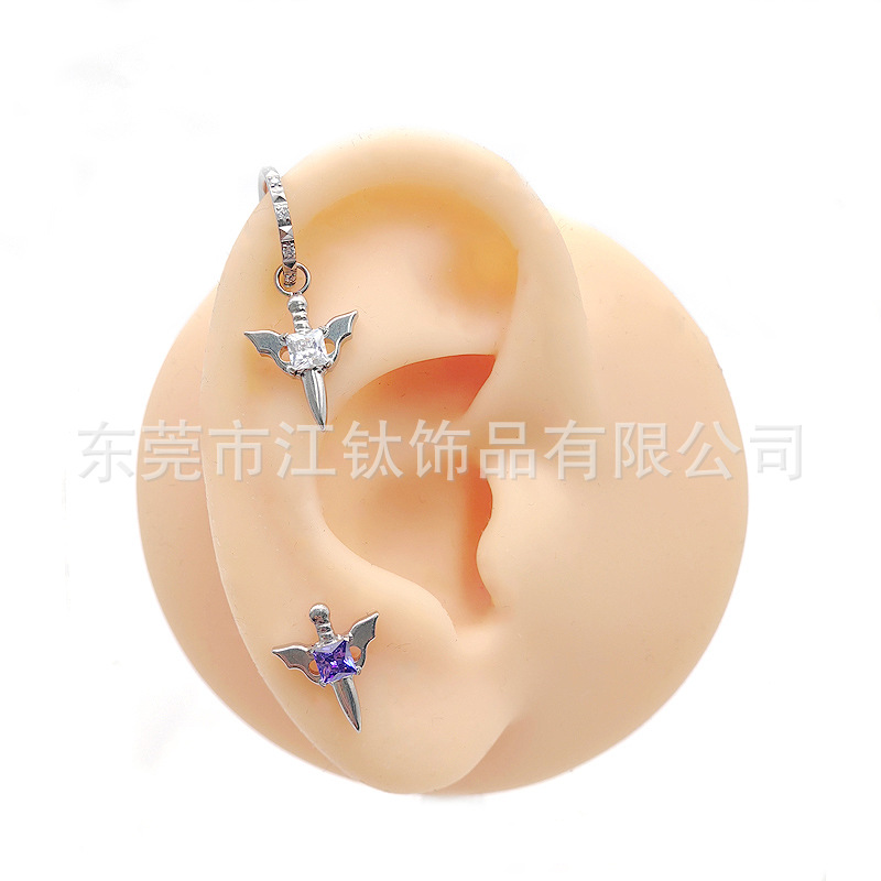 G23 Titanium Angel Sword Ear Bone Stud with Zircon Gem, Cross-Border Body Piercing Jewelry for Men and Women - Image 2