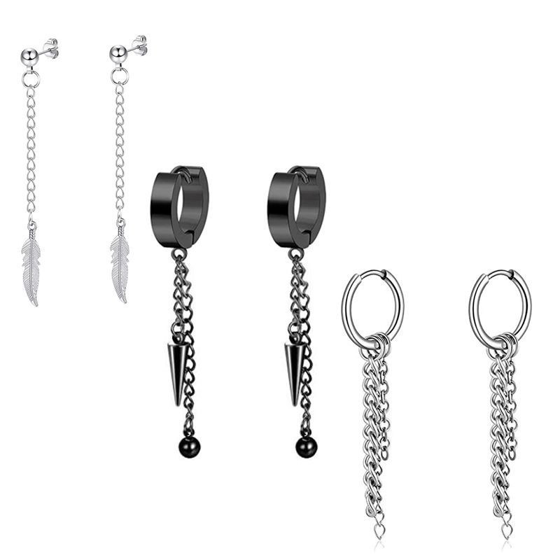 Black Men's Ear Clip Ear Stud Earrings Set 3 Pair Stainless Steel Fashion Jewelry - Image 4