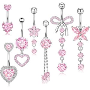 Amazon Hot Sale 5PCS Silver Navel Ring Set Stainless Steel Super Flash CZ Belly Button Jewelry