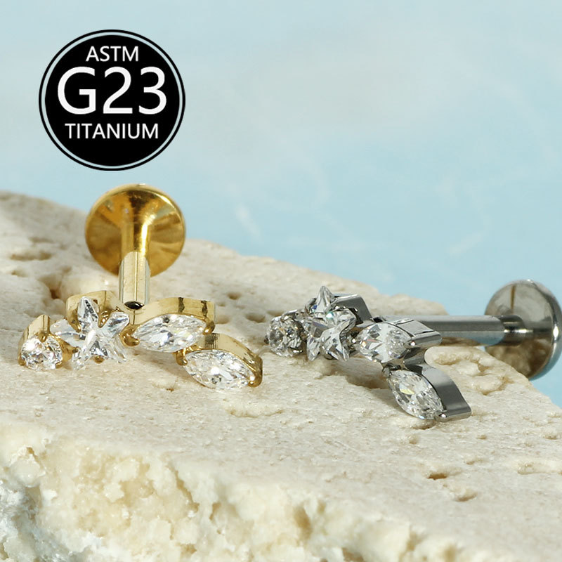 16G G23 Titanium Inlaid Zirconia Star Flat Bottom Internally Threaded Labret Ear Cartilage Lip Piercing Earrings - Image 2