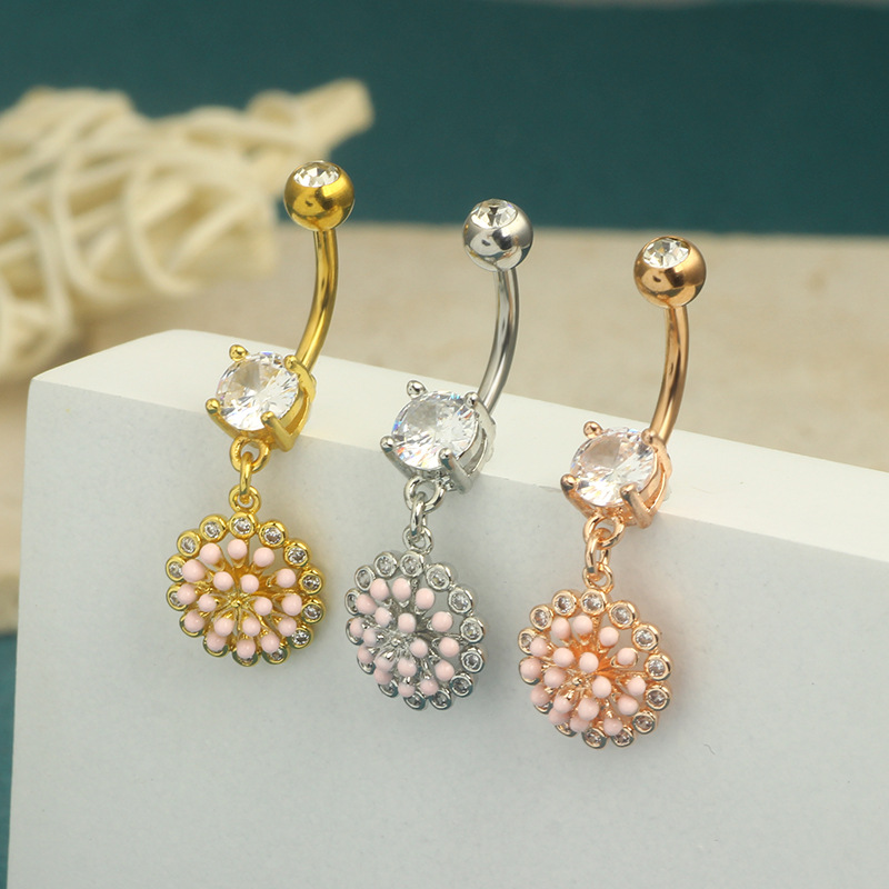 Rose Gold Stainless Steel Navel Ring Chrysanthemum Dangle Belly Button Piercing Jewelry for Men Women - Image 5